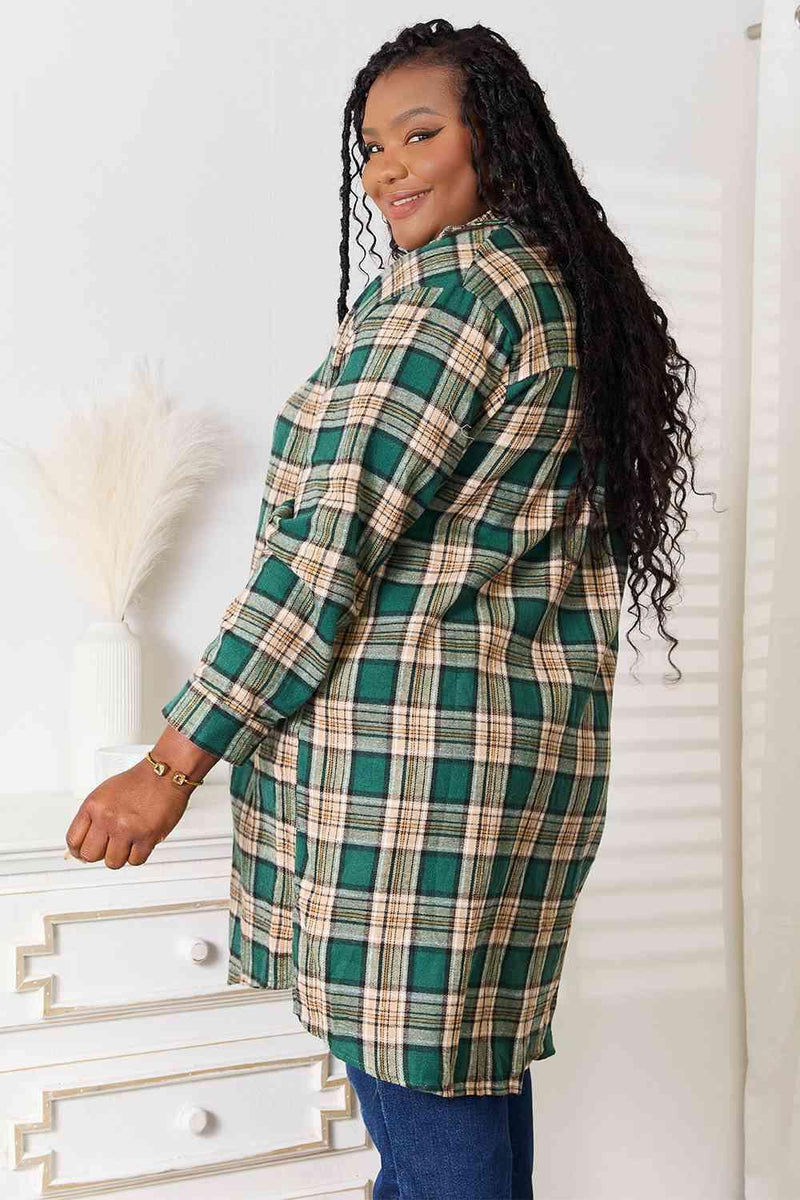 Double Take Plaid Collared Neck Long Sleeve Shirt - Three Mad Hatters Mercantile 