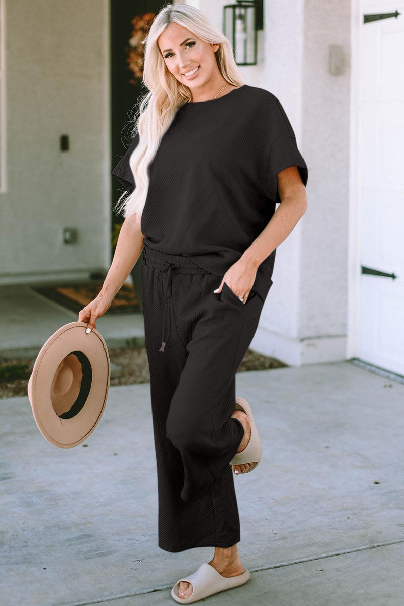 Double Take Texture Short Sleeve Top and Pants Set - Three Mad Hatters Mercantile 