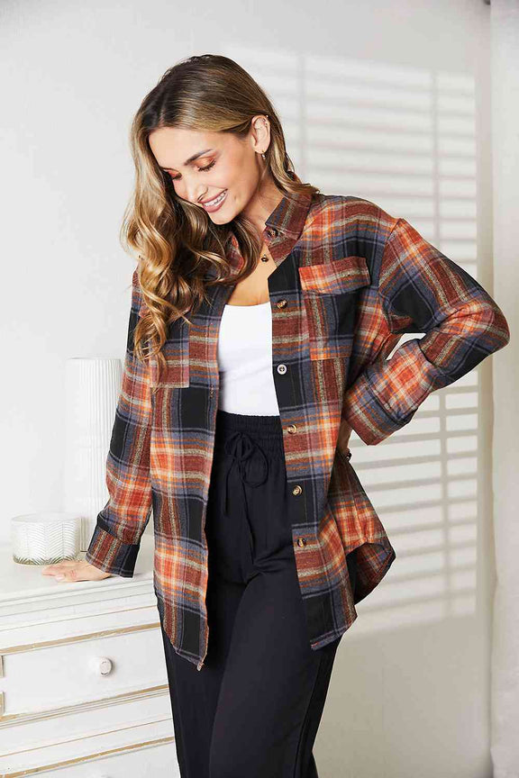 Double Take Plaid Dropped Shoulder Shirt Long Sleeve Shirt   