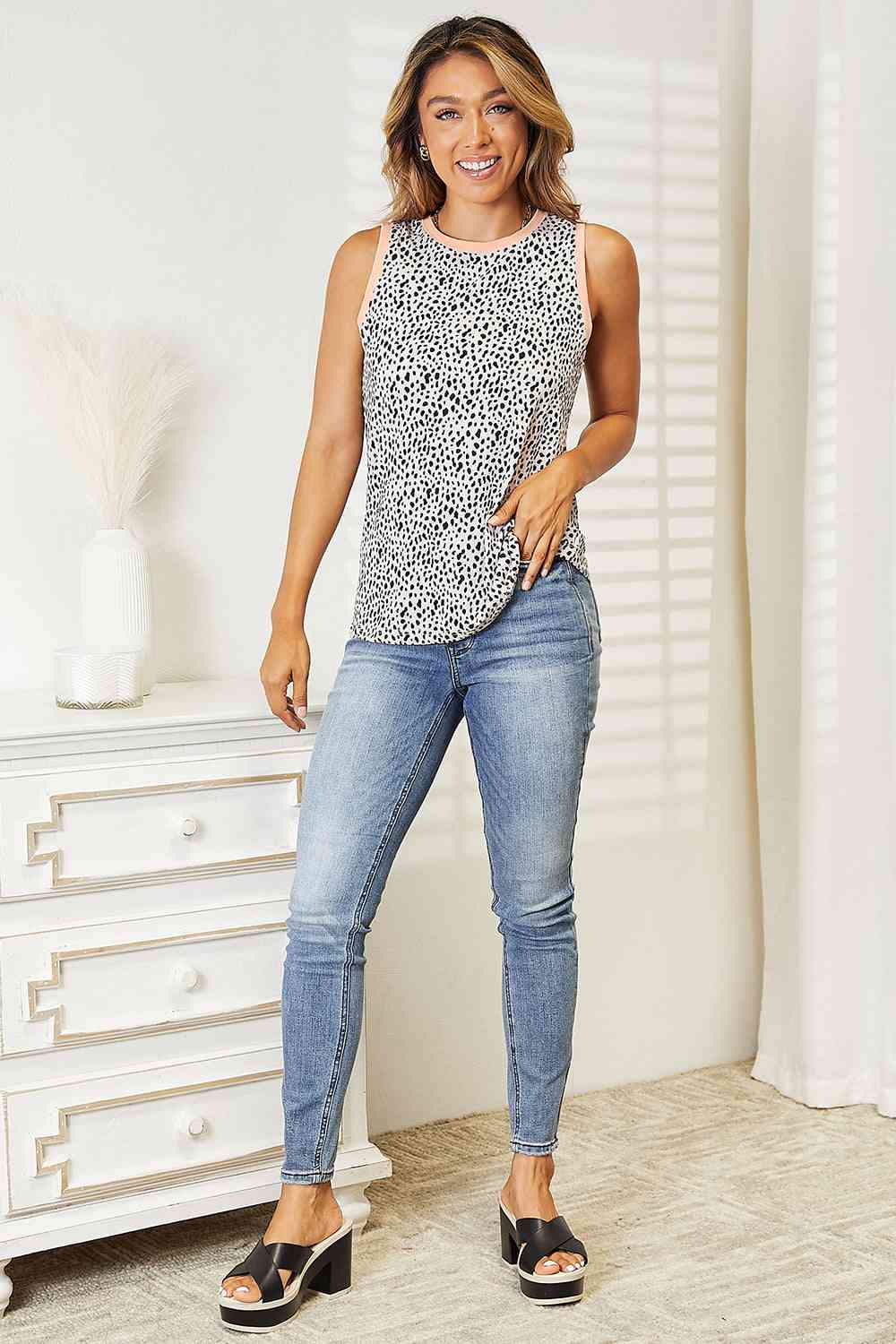 Double Take Printed Round Neck Tank Tank Top   