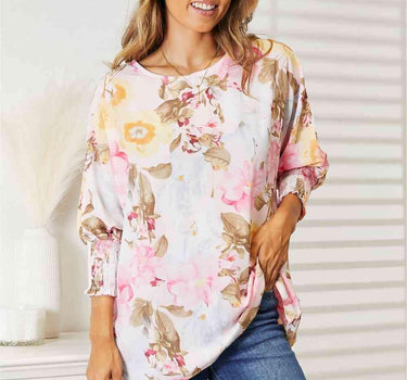 Double Take Floral Round Neck Three-Quarter Sleeve Top