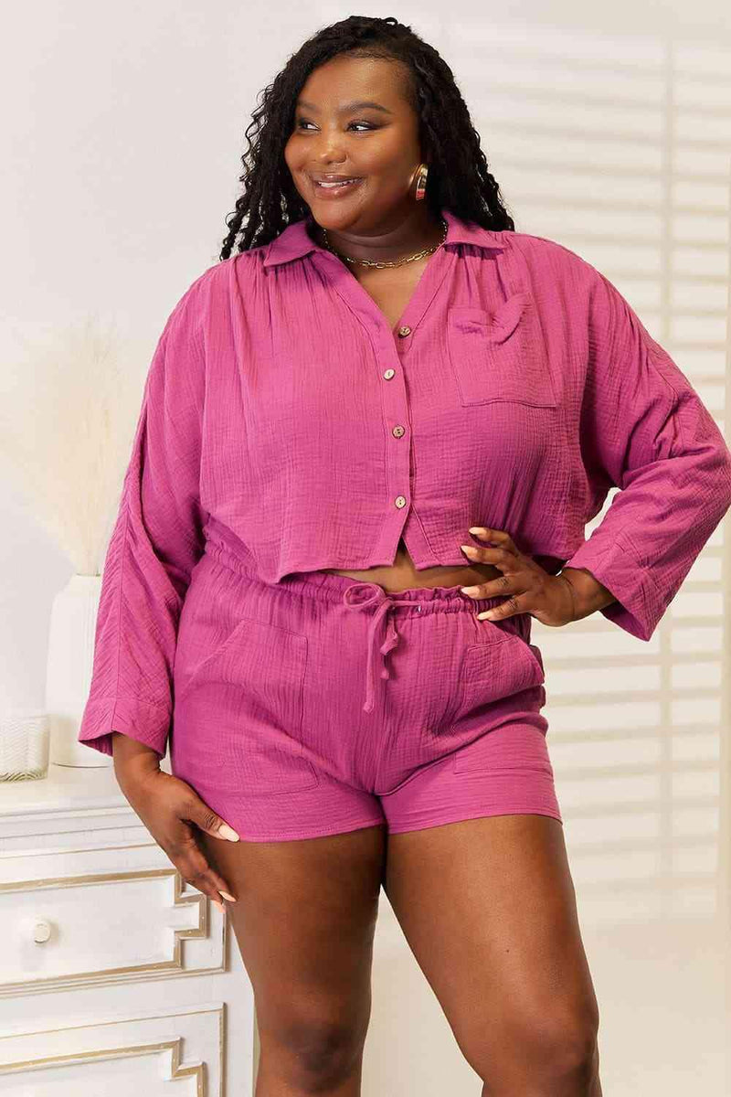 Basic Bae Buttoned Long Sleeve Top and Shorts Set - Three Mad Hatters Mercantile 
