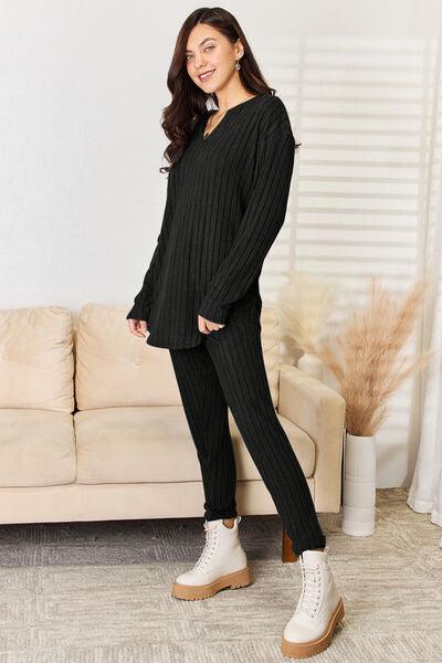 Basic Bae Full Size Notched Long Sleeve Top and Pants Set - Three Mad Hatters Mercantile 