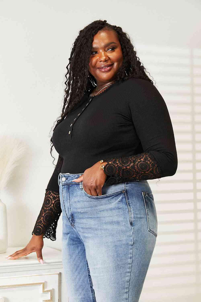 Double Take Crochet Lace Hem Sleeve Button Top - Three Mad Hatters Mercantile 