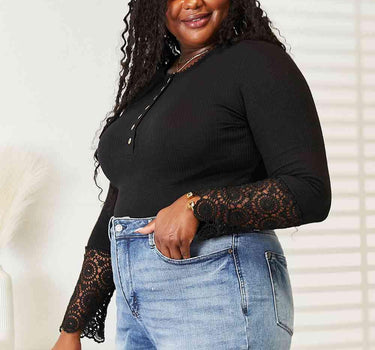 Double Take Crochet Lace Hem Sleeve Button Top