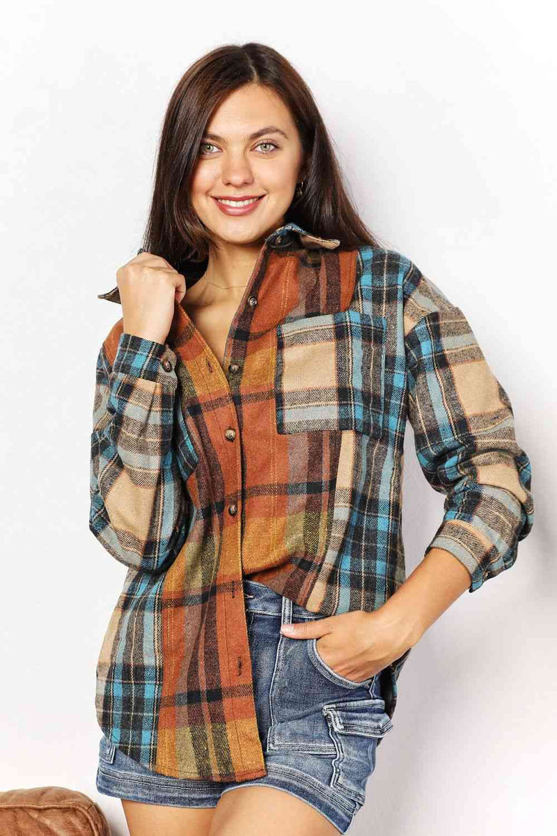 Double Take Plaid Curved Hem Shirt Jacket with Breast Pockets Shacket   