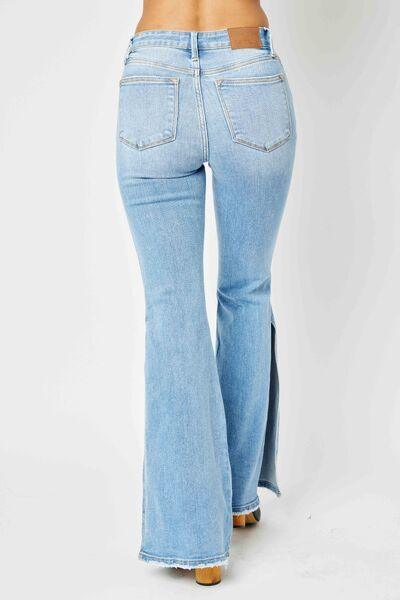 Judy Blue Mid Rise Raw Hem Slit Flare Jeans - Three Mad Hatters Mercantile 