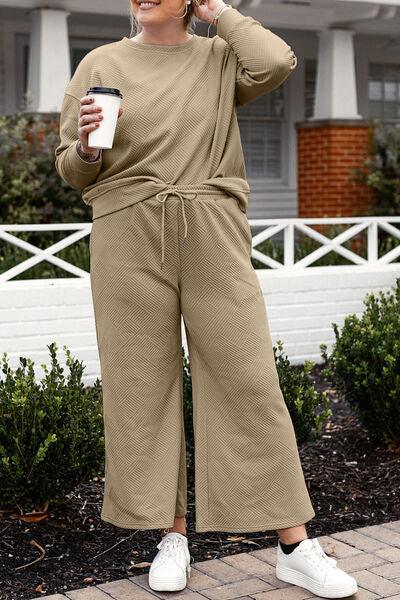 Double Take Full Size Textured Long Sleeve Top and Drawstring Pants Set - Three Mad Hatters Mercantile 