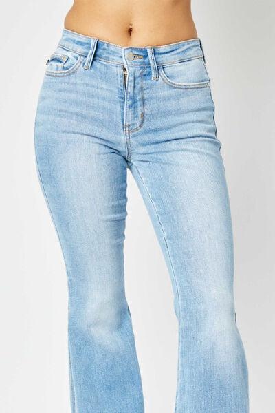 Judy Blue Mid Rise Raw Hem Slit Flare Jeans - Three Mad Hatters Mercantile 