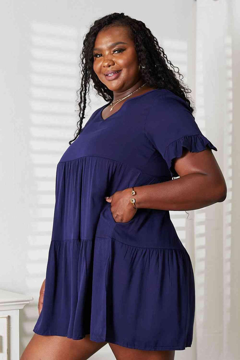 Double Take V-Neck Flounce Sleeve Tiered Dress - Three Mad Hatters Mercantile 