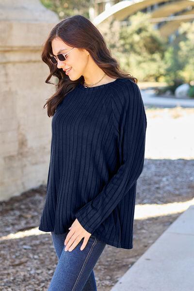 Basic Bae Full Size Ribbed Round Neck Long Sleeve Knit Top - Three Mad Hatters Mercantile 