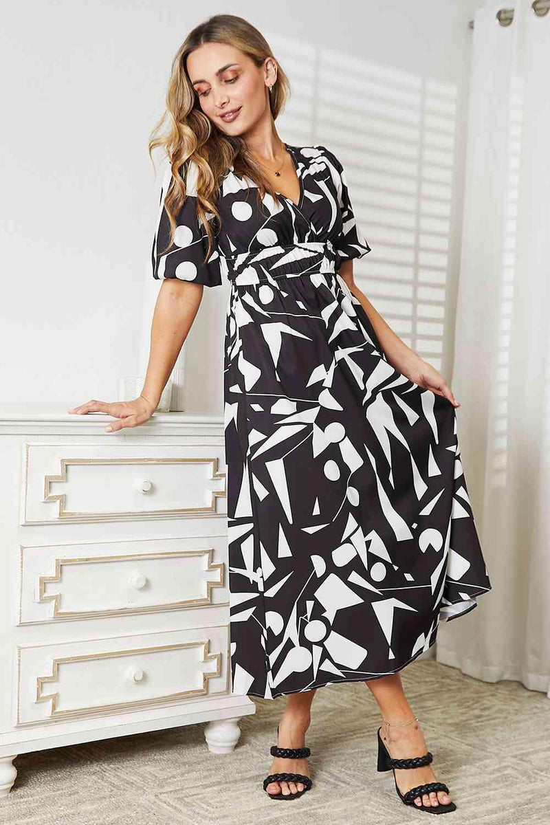 Double Take Printed Surplice Balloon Sleeve Dress - Three Mad Hatters Mercantile 