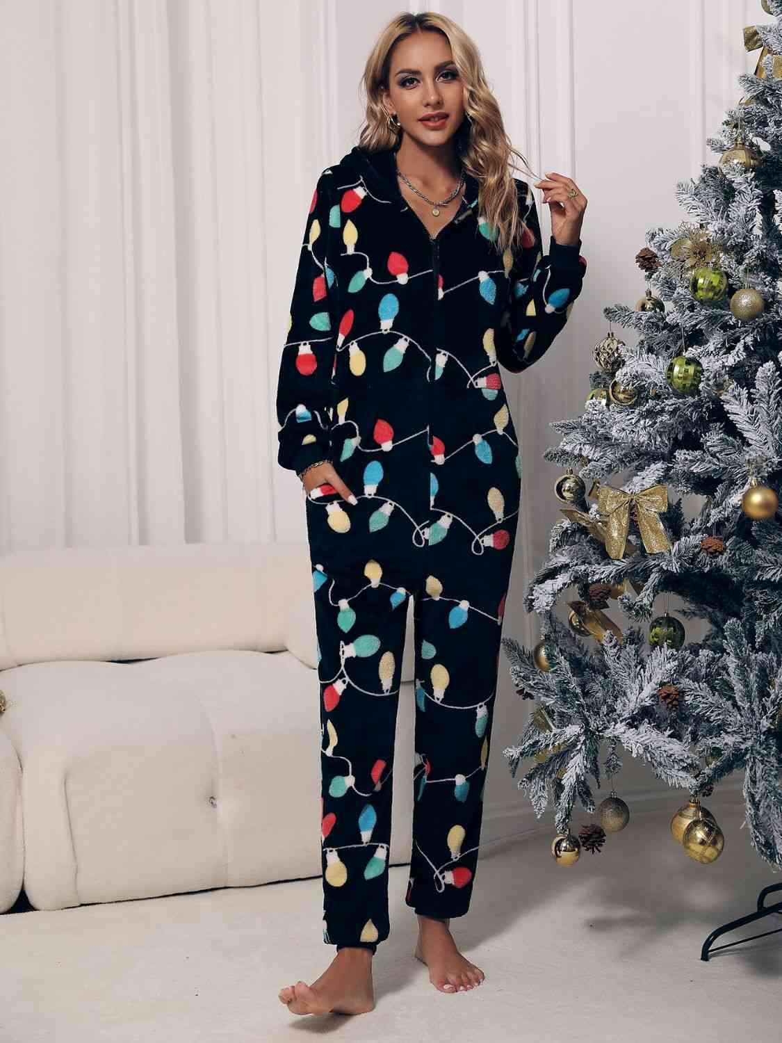 Zip Front Hooded Lounge Jumpsuit with Pockets Lounge Set Black S 