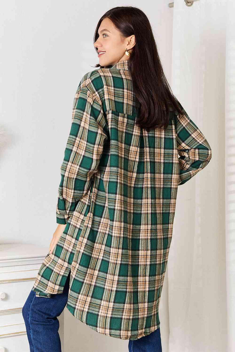 Double Take Plaid Collared Neck Long Sleeve Shirt - Three Mad Hatters Mercantile 