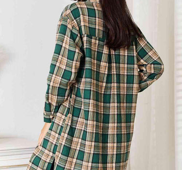 Double Take Plaid Collared Neck Long Sleeve Shirt