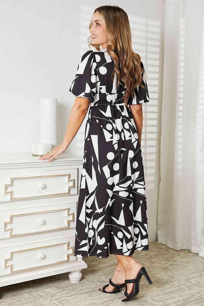 Double Take Printed Surplice Balloon Sleeve Dress - Three Mad Hatters Mercantile 