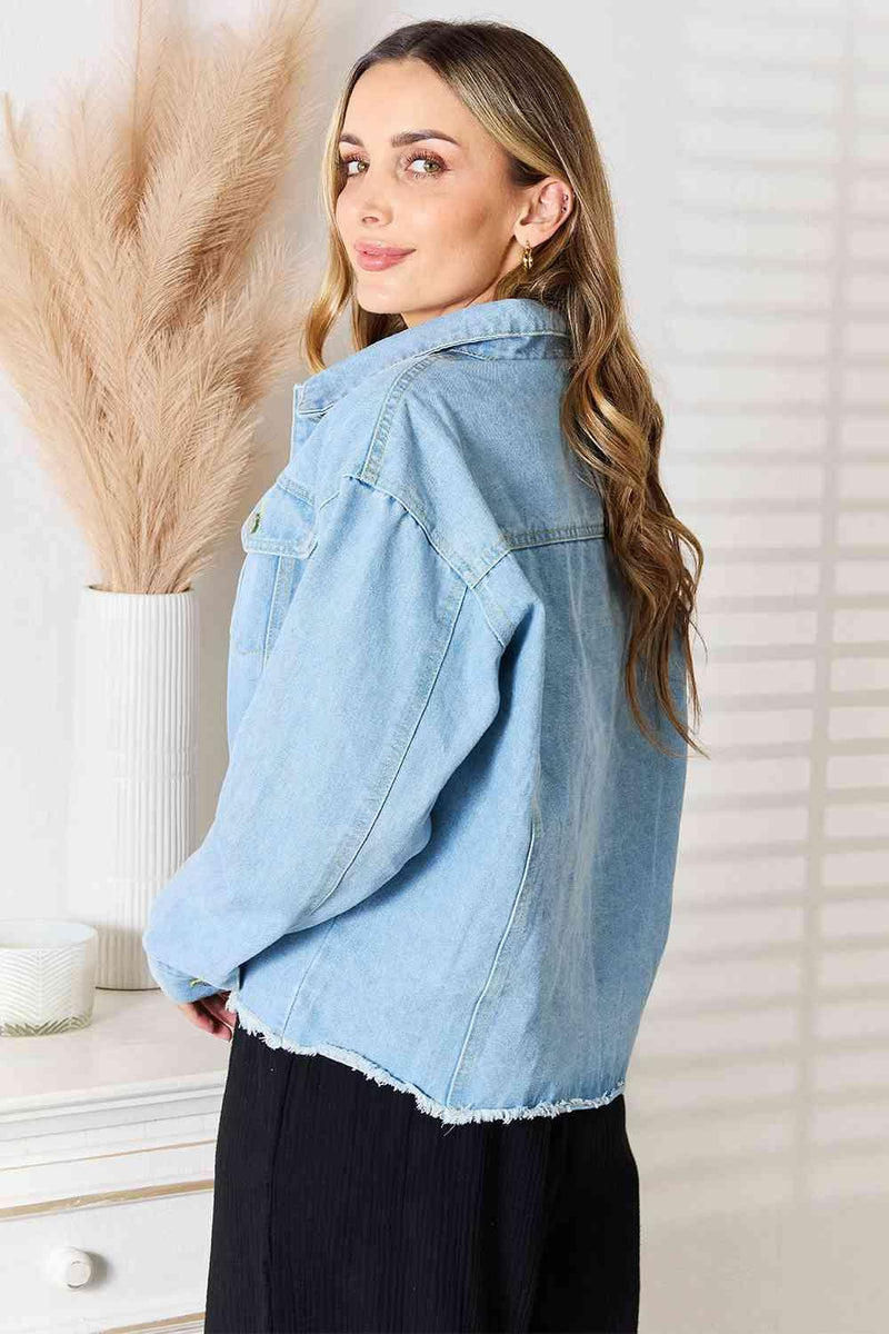 Double Take Dropped Shoulder Raw Hem Denim Jacket - Three Mad Hatters Mercantile 