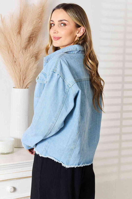 Double Take Dropped Shoulder Raw Hem Denim Jacket Denim Jacket   