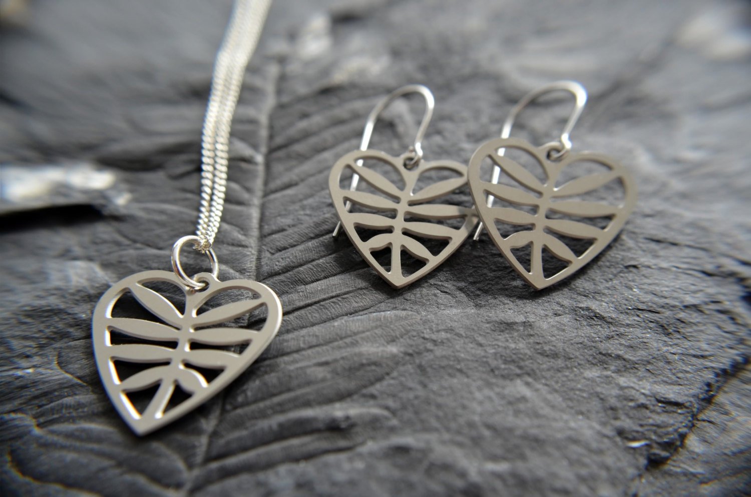 Leafy Heart Pendant in stainless steel on silver chain Necklace   